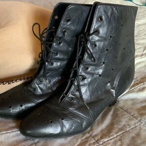 Black Leather vintage perforated Ankle Boots or ballroom dancing shoes